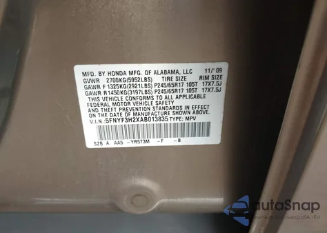 2010 Honda Pilot Lx from USA, damaged, VIN 5FNYF3H2XAB013835